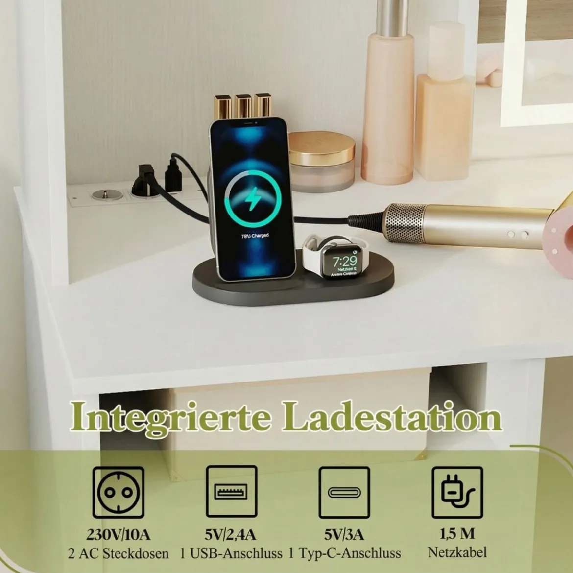 Schminktisch mit LED Beleuchtung & Hocker & Steckdosen Frisiertisch Kosmetiktisch Weiß