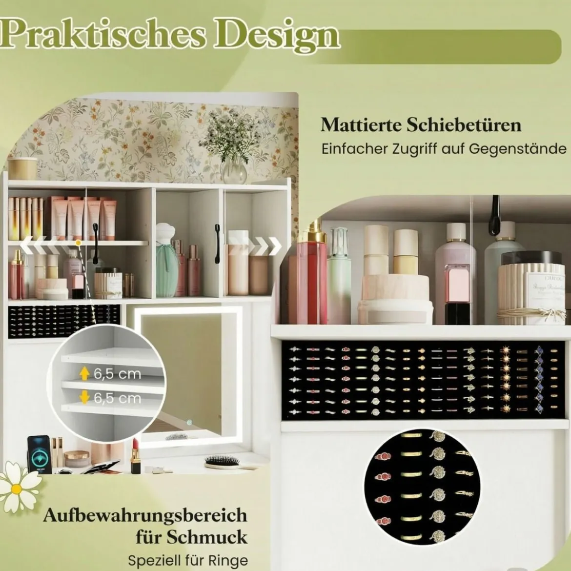 Schminktisch mit LED Beleuchtung & Hocker & Steckdosen Frisiertisch Kosmetiktisch Weiß