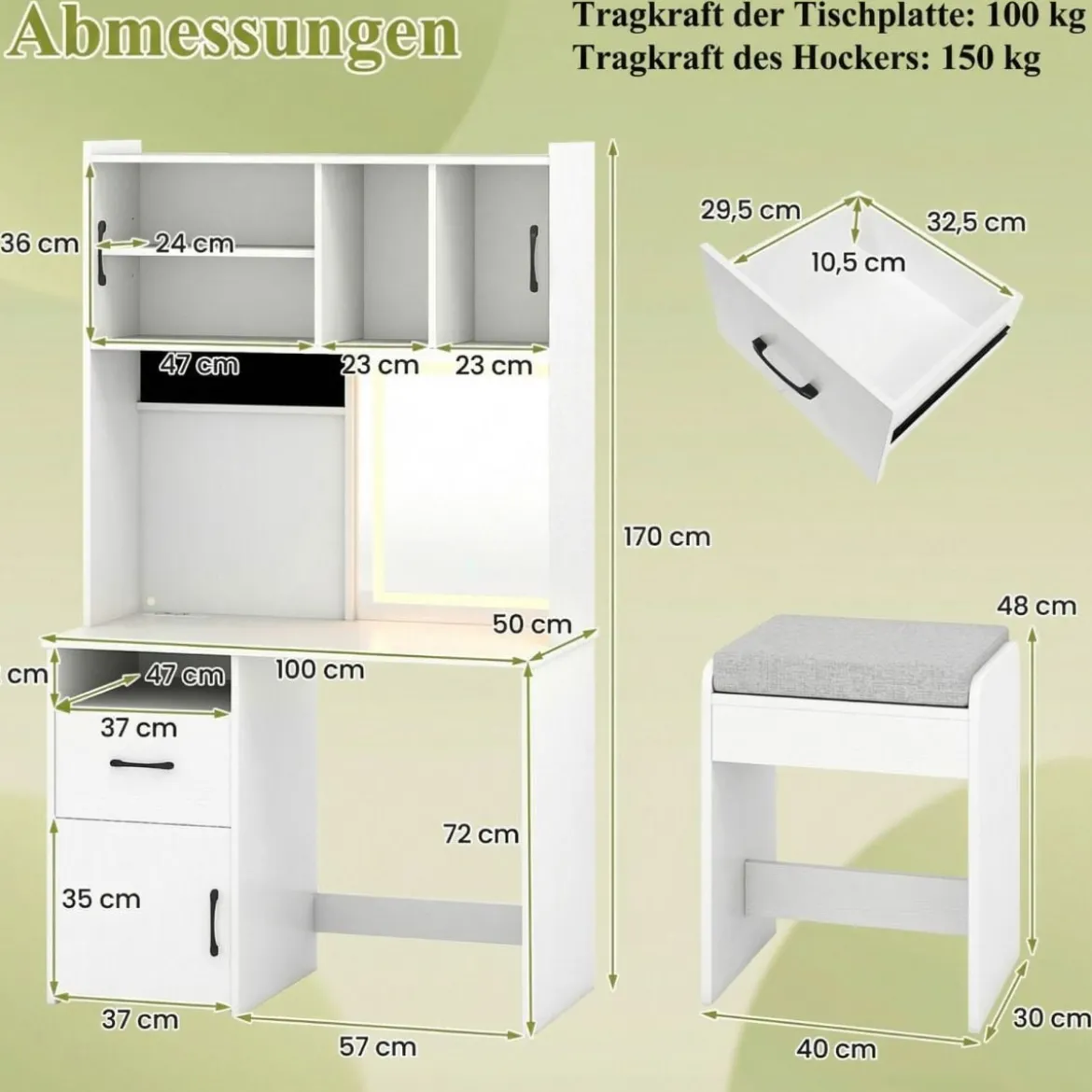 Schminktisch mit LED Beleuchtung & Hocker & Steckdosen Frisiertisch Kosmetiktisch Weiß