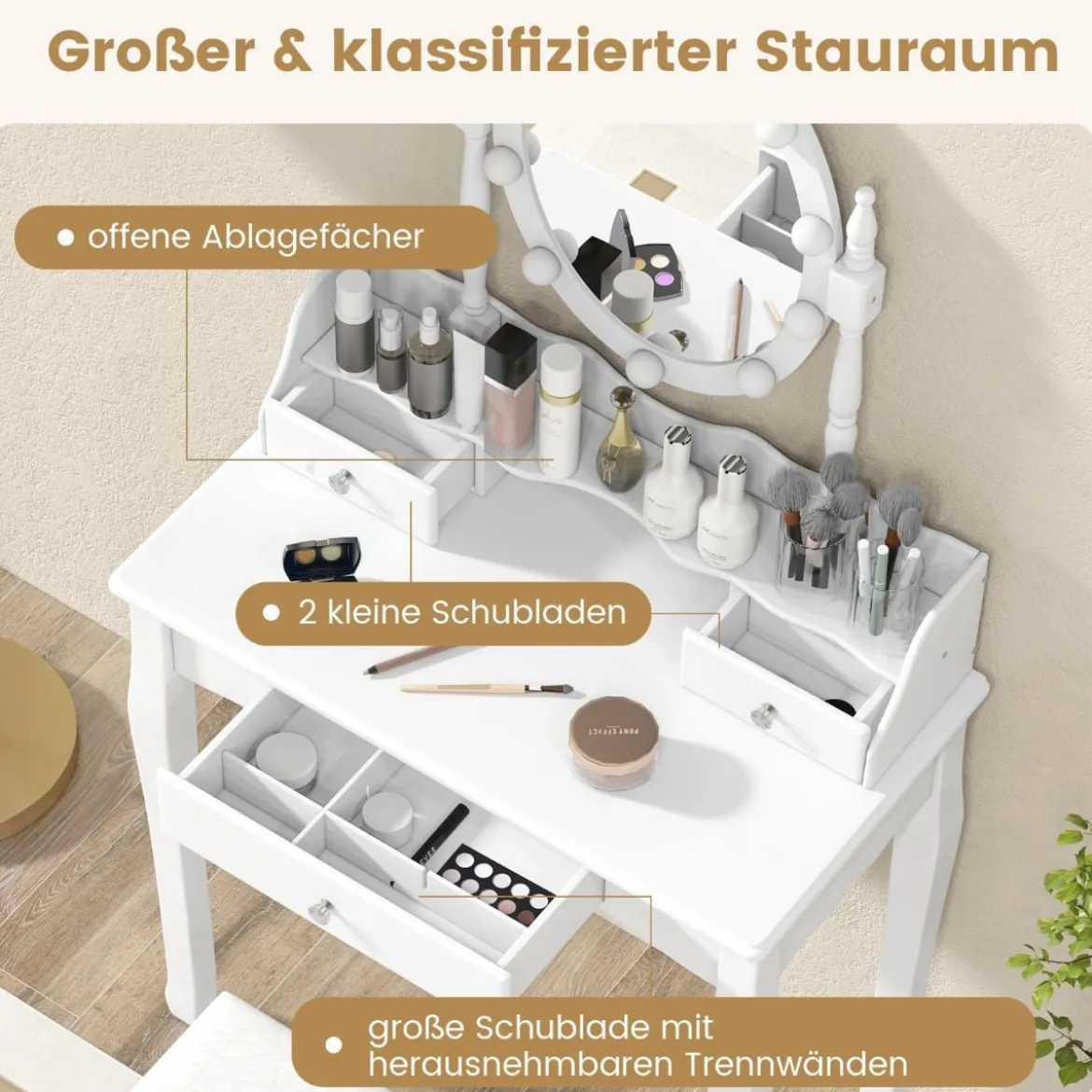 Schminktisch mit LED-Beleuchtung einstellbare Helligkeit Frisiertisch mit 3 Schubladen Weiß