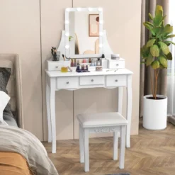 Schminktisch mit LED-Beleuchtung & 5 Schubladen & Hocker Frisiertisch Kosmetiktisch Weiß