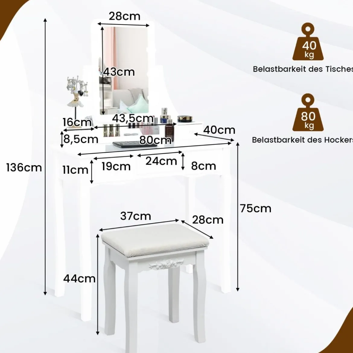 Schminktisch mit LED-Beleuchtung & 5 Schubladen & Hocker Frisiertisch Kosmetiktisch Weiß