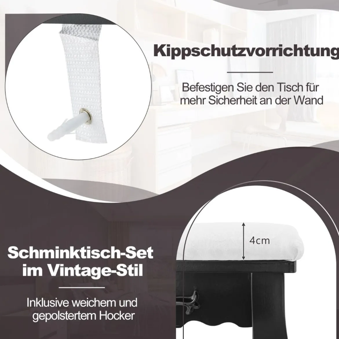 Schminktisch mit LED-Beleuchtung einstellbare Helligkeit Frisiertisch mit 4 Schubladen Schwarz