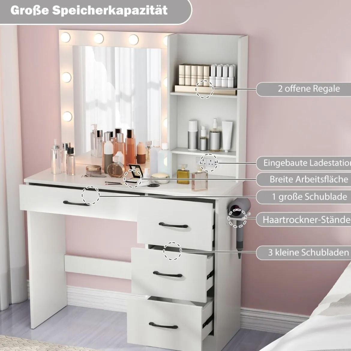 Schminktisch mit LED-Beleuchtung 3 Farben mit Einstellbarer Helligkeit Frisiertisch Weiß