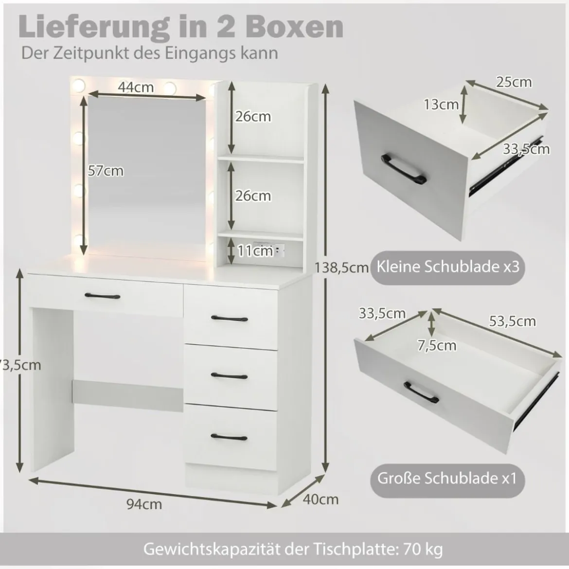 Schminktisch mit LED-Beleuchtung 3 Farben mit Einstellbarer Helligkeit Frisiertisch Weiß