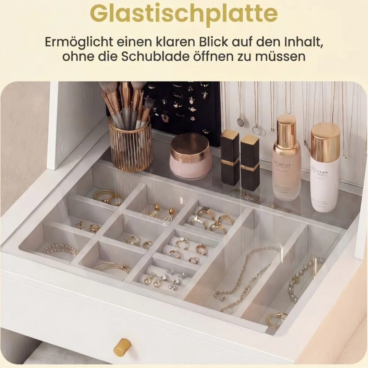 Schminktisch mit LED Spiegel & Hocker & Steckdosen & Schubladen & 120 Ringhalterungen Kosmetiktisch