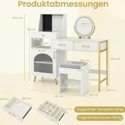 Schminktisch mit LED Spiegel & Hocker & Steckdosen & Schubladen & 120 Ringhalterungen Kosmetiktisch
