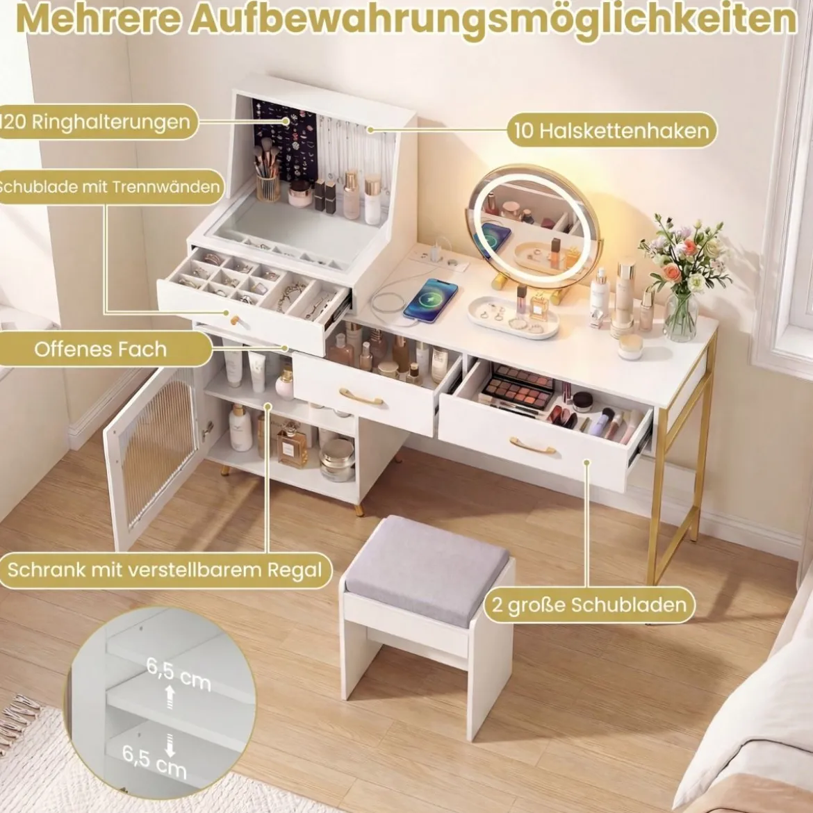 Schminktisch mit LED Spiegel & Hocker & Steckdosen & Schubladen & 120 Ringhalterungen Kosmetiktisch