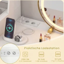 Schminktisch mit LED Spiegel & Hocker & Steckdosen & Schubladen & 120 Ringhalterungen Kosmetiktisch