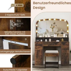 Schminktisch mit Schminkhocker & 3 Lichtfarben LED-Spiegel & Ladestation Frisiertisch Braun