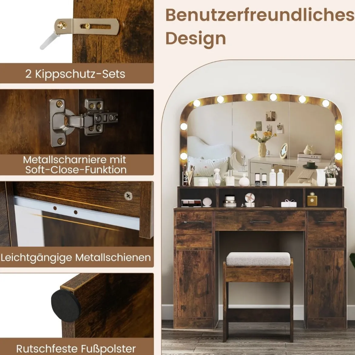 Schminktisch mit Schminkhocker & 3 Lichtfarben LED-Spiegel & Ladestation Frisiertisch Braun