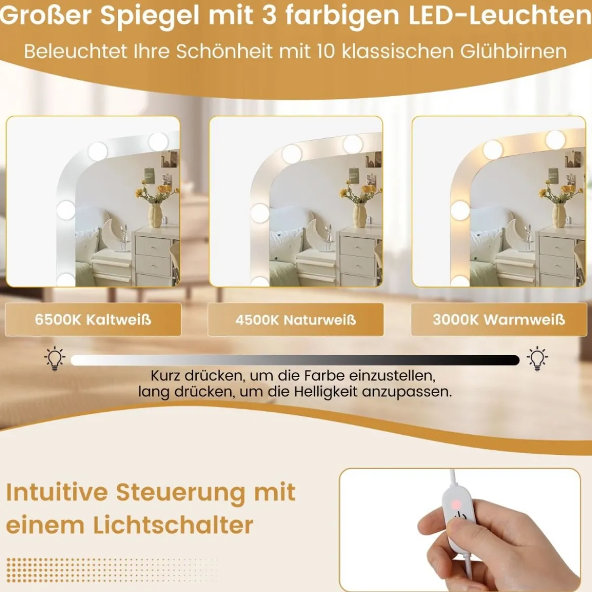 Schminktisch mit Schminkhocker & 3 Lichtfarben LED-Spiegel & Ladestation Frisiertisch Weiß