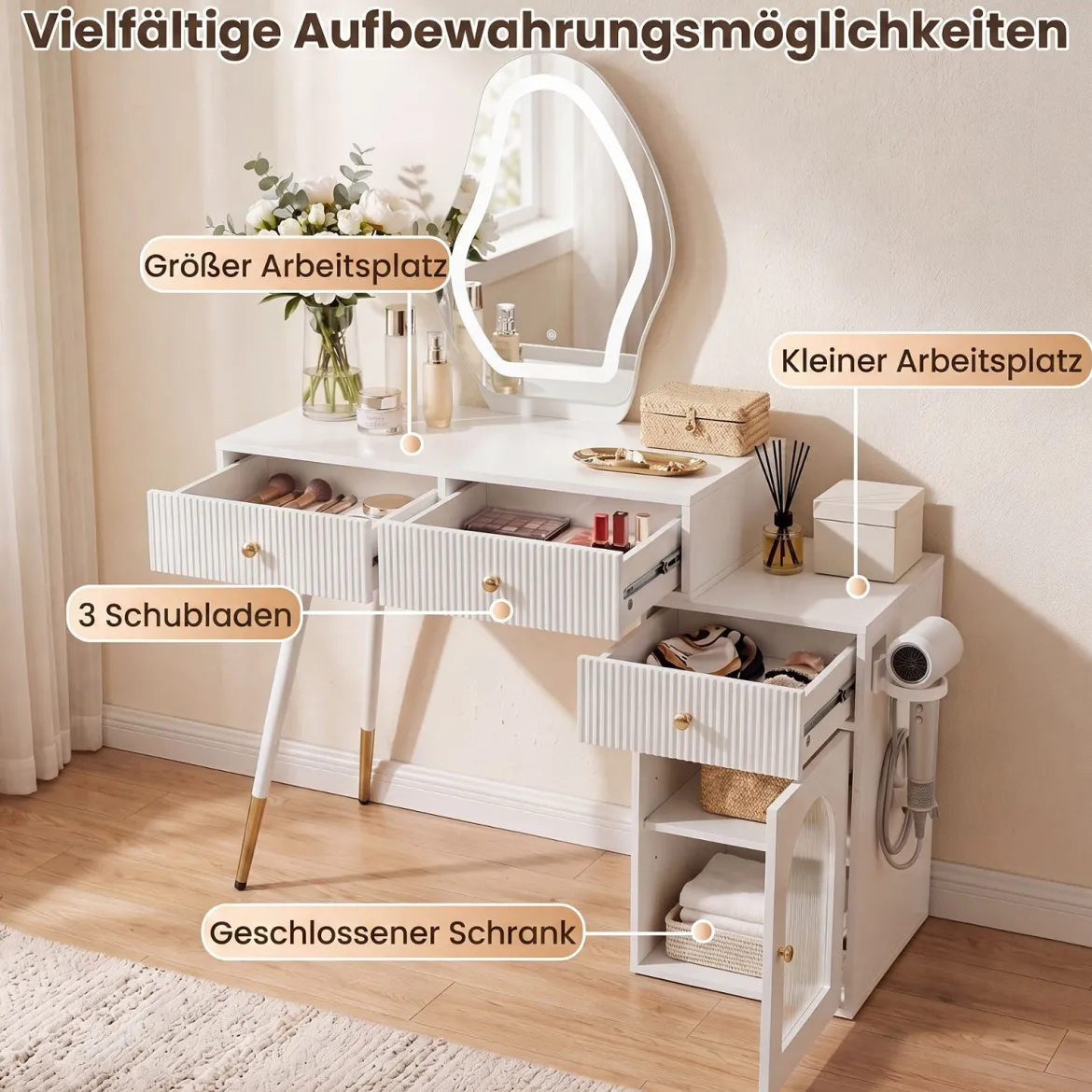 Schminktisch mit Spiegel Beleuchtung 3 Schubladen & Schrank Kosmetiktisch 106 x 40 x 134,5 cm Weiß
