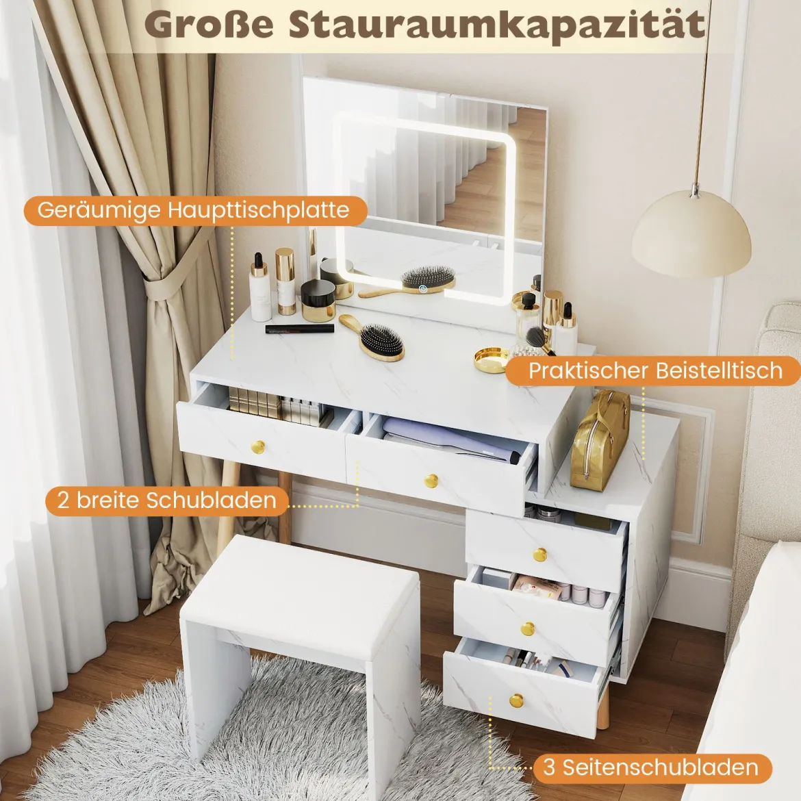Schminktisch mit Spiegel & Beleuchtung Makeup-Schminkset mit 3 Lichtmodi verstellbarer Helligkeit Weiß
