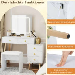 Schminktisch mit Spiegel & Beleuchtung Makeup-Schminkset mit 3 Lichtmodi verstellbarer Helligkeit Weiß