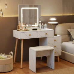 Schminktisch mit Spiegel & Beleuchtung Makeup-Schminkset mit 3 Lichtmodi verstellbarer Helligkeit Weiß
