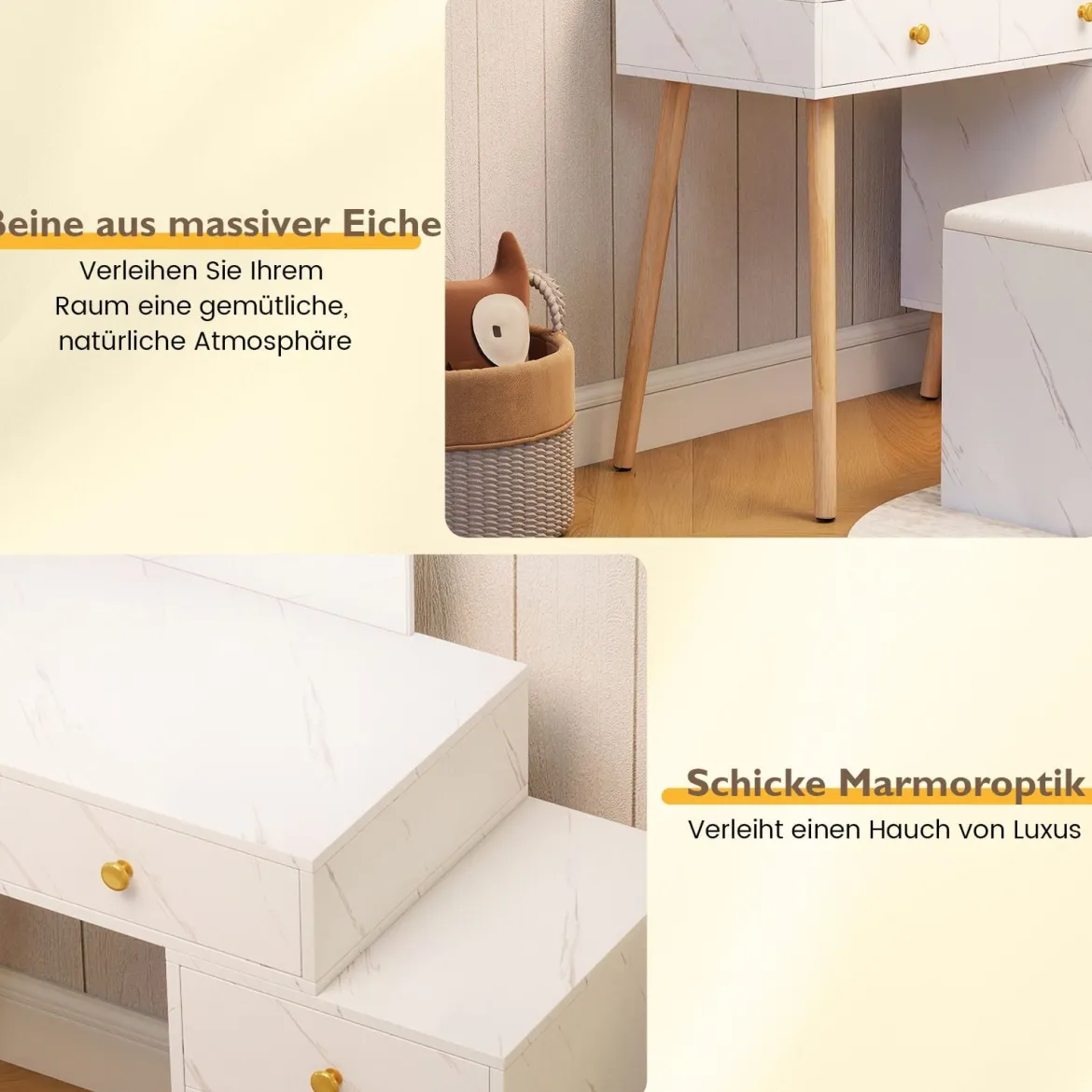 Schminktisch mit Spiegel & Beleuchtung Makeup-Schminkset mit 3 Lichtmodi verstellbarer Helligkeit Weiß