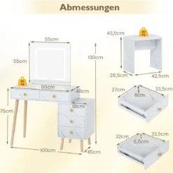 Schminktisch mit Spiegel & Beleuchtung Makeup-Schminkset mit 3 Lichtmodi verstellbarer Helligkeit Weiß