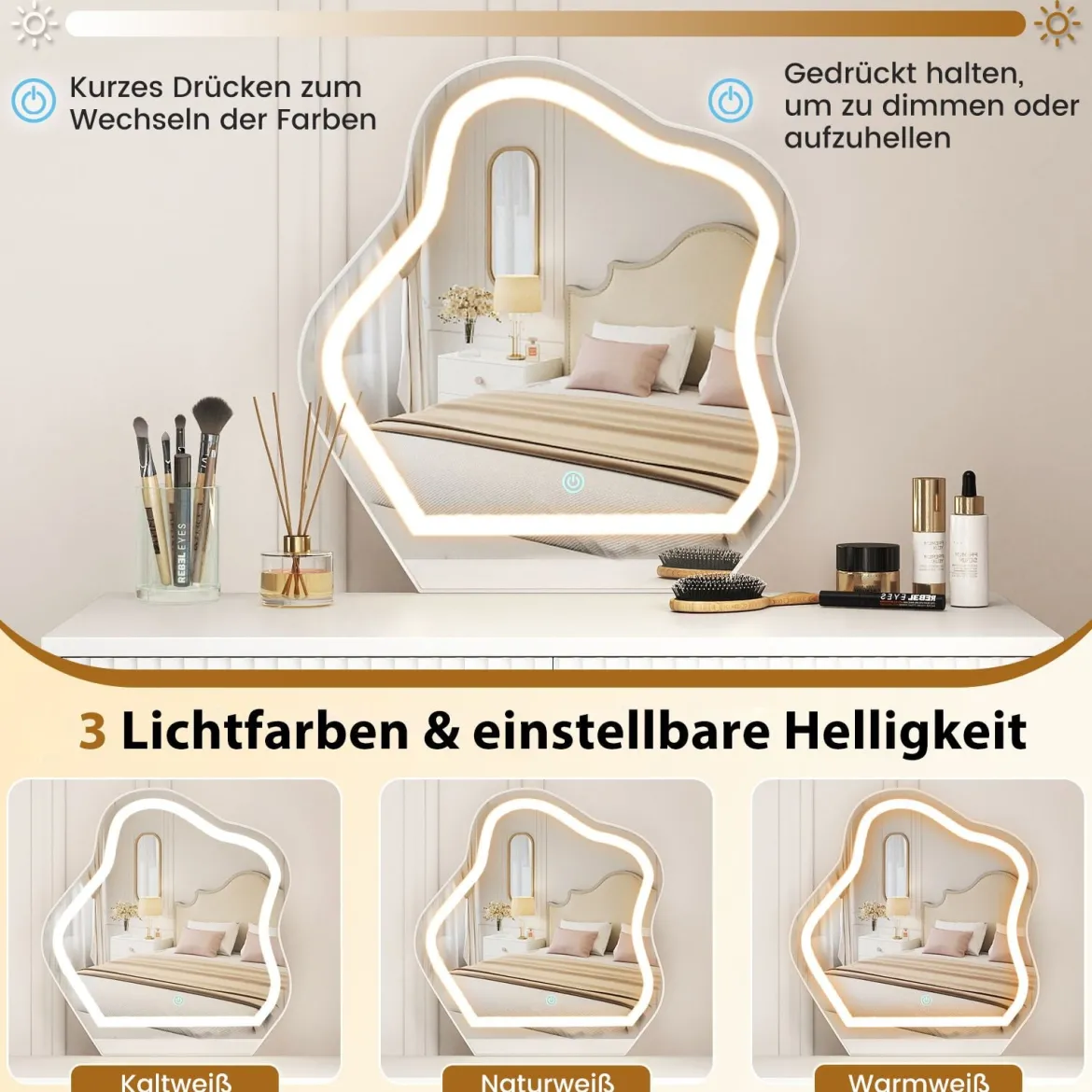 Schminktisch mit Spiegel & Beleuchtung Make-up-Tisch mit 3 Lichtmodi einstellbare Helligkeit Weiß