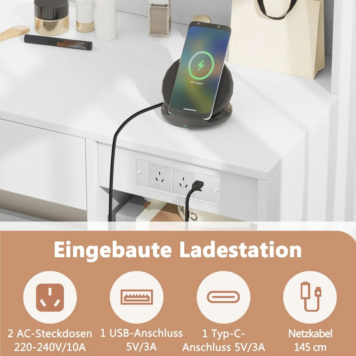 Schminktisch mit Spiegel & Beleuchtung & Hocker Frisiertisch Kosmetiktisch Weiß