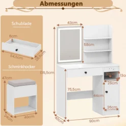 Schminktisch mit Spiegel & Beleuchtung & Hocker Frisiertisch Kosmetiktisch Weiß