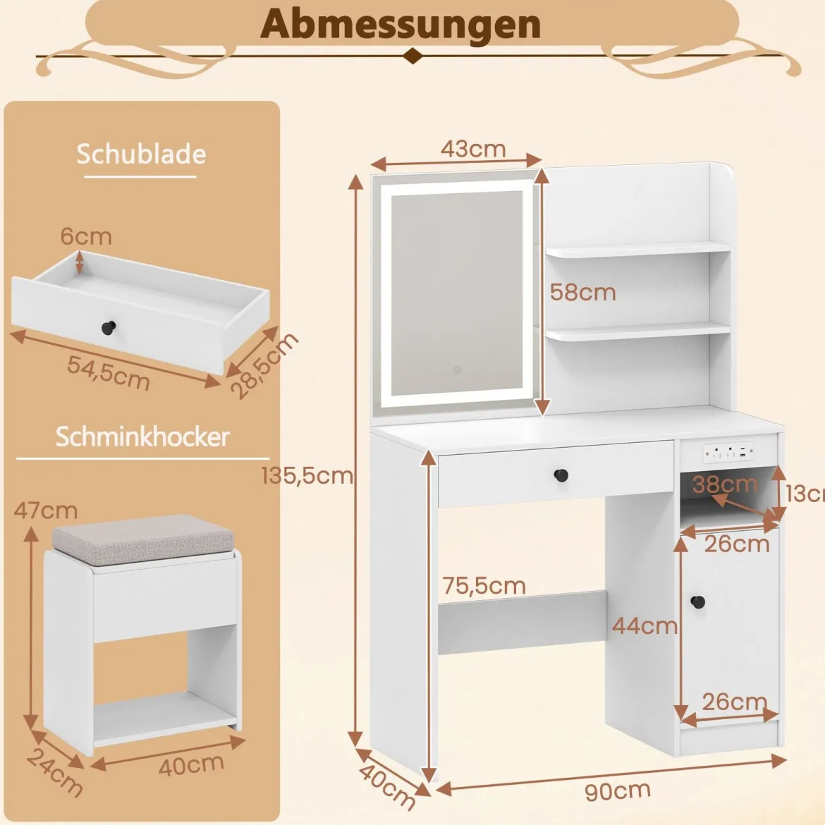 Schminktisch mit Spiegel & Beleuchtung & Hocker Frisiertisch Kosmetiktisch Weiß