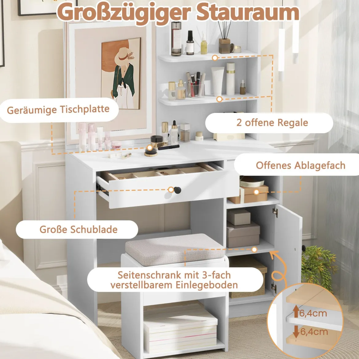 Schminktisch mit Spiegel & Beleuchtung & Hocker Frisiertisch Kosmetiktisch Weiß