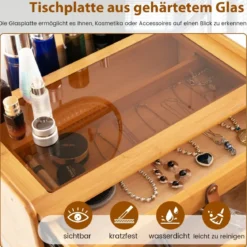 Schminktisch mit Spiegel & 2 Schubladen Kleiner Kosmetiktisch mit Tischplatte aus gehärtetem Glas & Stauraum