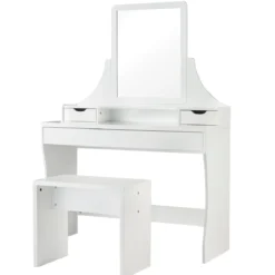 Schminktisch 3 Schubladen Make-up Tisch Frisiertisch mit Spiegel und Hocker Weiß 108 x 39 x 148 cm