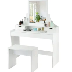 Schminktisch 3 Schubladen Make-up Tisch Frisiertisch mit Spiegel und Hocker Weiß 108 x 39 x 148 cm