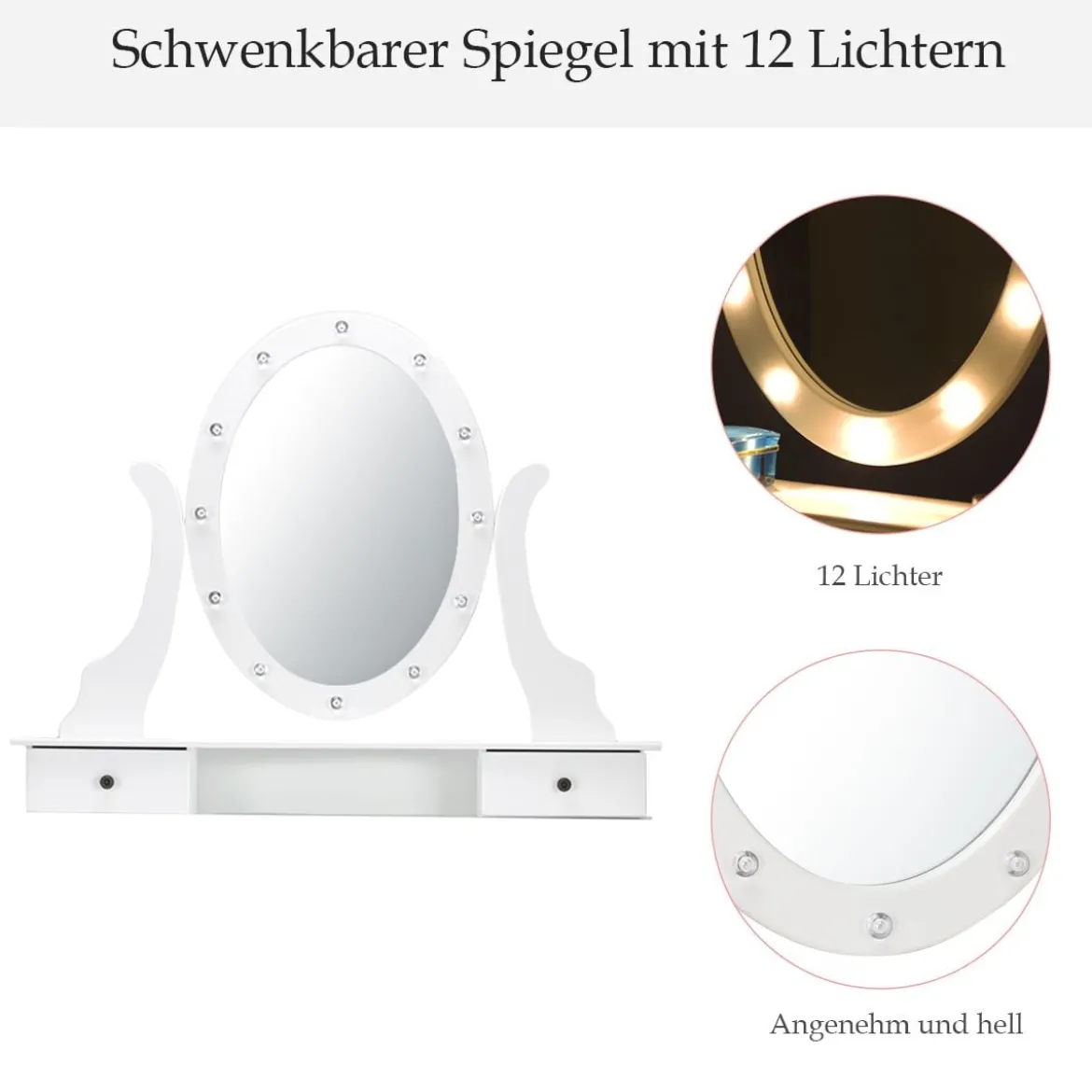 Schminktisch Set Frisiertisch Kosmetiktisch mit Hocker und Spiegel Weiß Holz