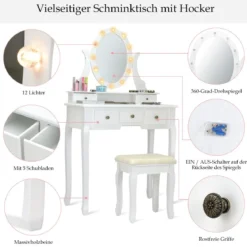 Schminktisch Set Frisiertisch Kosmetiktisch mit Hocker und Spiegel Weiß Holz