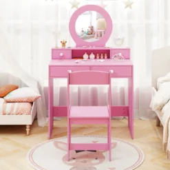 Schminktisch-Set für Kinder mit Spiegel Frisiertisch & Stuhl im Prinzessinnen-Motiv mit Acrylspiegel Rosa