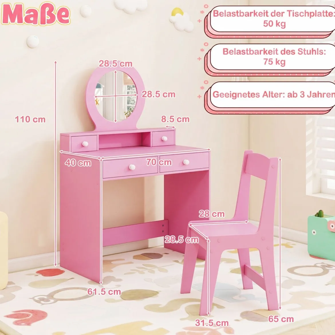 Schminktisch-Set für Kinder mit Spiegel Frisiertisch & Stuhl im Prinzessinnen-Motiv mit Acrylspiegel Rosa