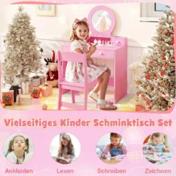 Schminktisch-Set für Kinder mit Spiegel Frisiertisch & Stuhl im Prinzessinnen-Motiv mit Acrylspiegel Rosa