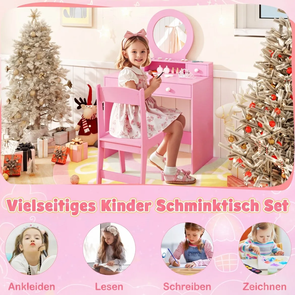 Schminktisch-Set für Kinder mit Spiegel Frisiertisch & Stuhl im Prinzessinnen-Motiv mit Acrylspiegel Rosa