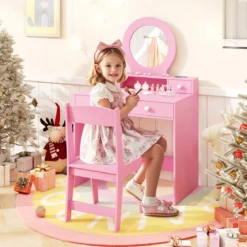 Schminktisch-Set für Kinder mit Spiegel Frisiertisch & Stuhl im Prinzessinnen-Motiv mit Acrylspiegel Rosa