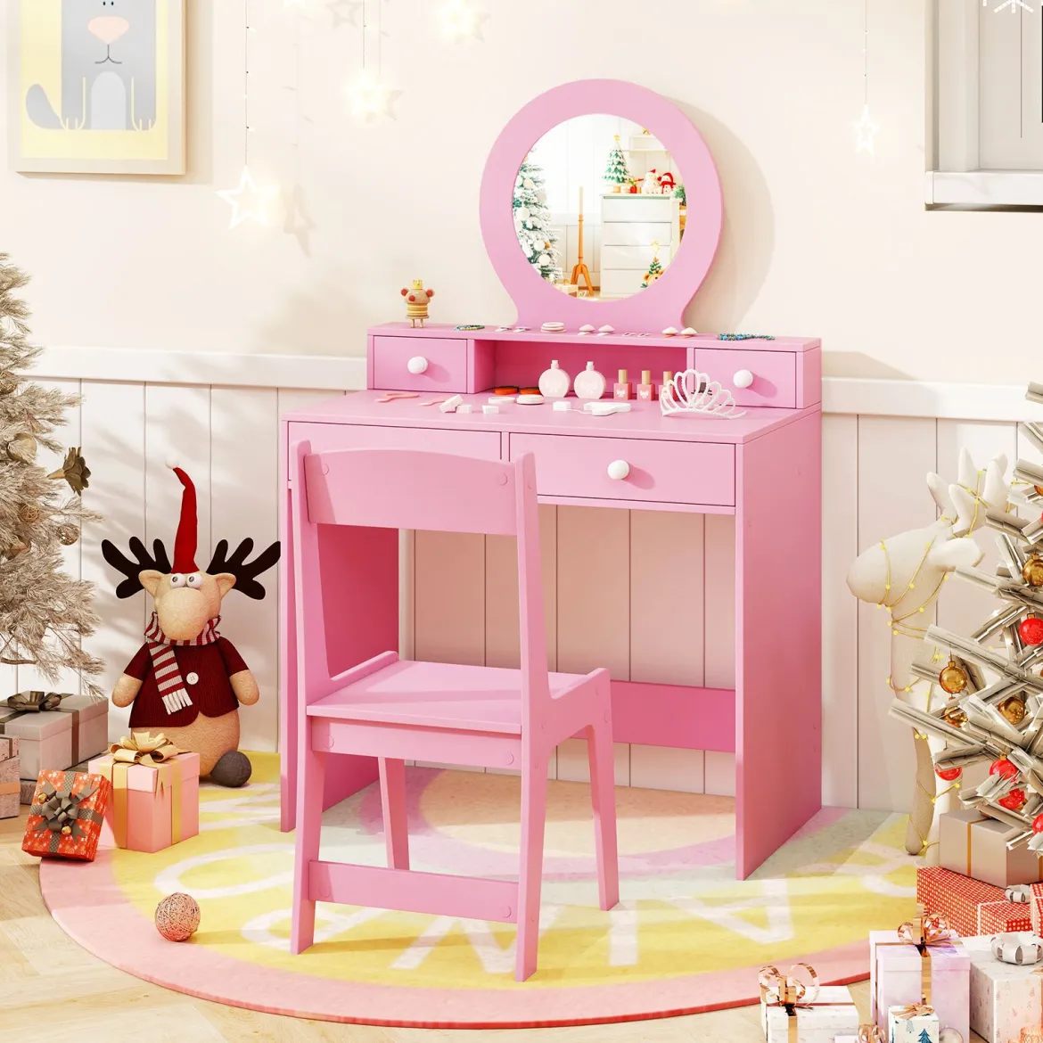 Schminktisch-Set für Kinder mit Spiegel Frisiertisch & Stuhl im Prinzessinnen-Motiv mit Acrylspiegel Rosa