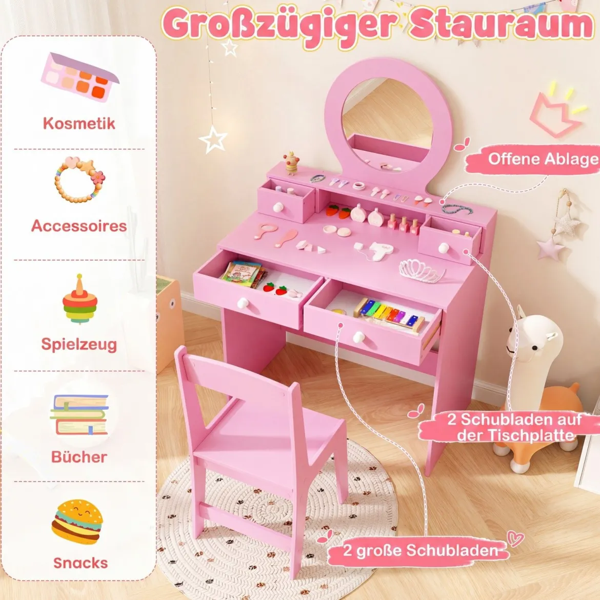 Schminktisch-Set für Kinder mit Spiegel Frisiertisch & Stuhl im Prinzessinnen-Motiv mit Acrylspiegel Rosa