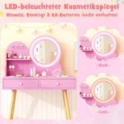 Schminktisch-Set für Kinder mit beleuchtetem Spiegel Kosmetiktisch und Stuhl-Set mit Prinzessinnen-Motiv Rosa