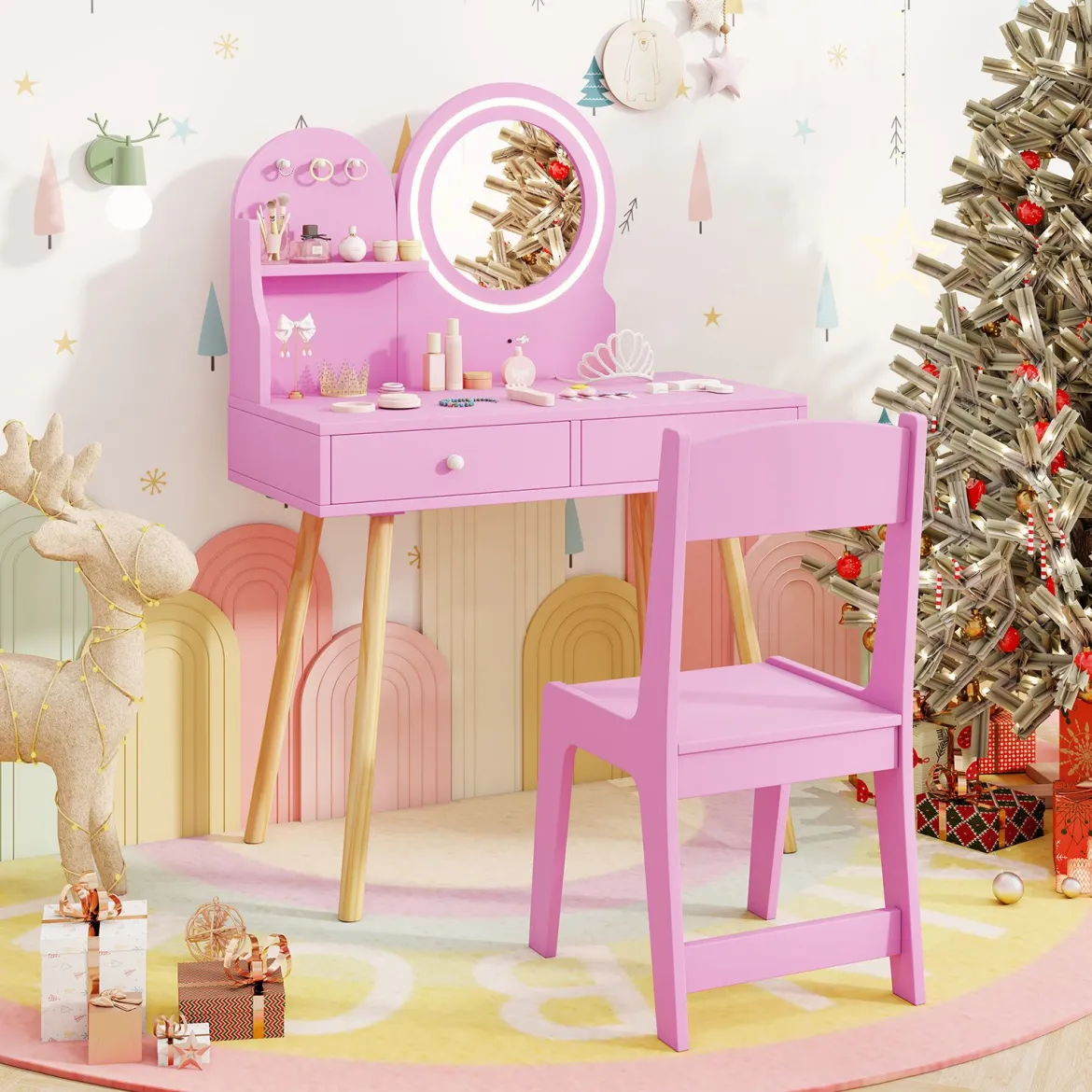 Schminktisch-Set für Kinder mit beleuchtetem Spiegel Kosmetiktisch und Stuhl-Set mit Prinzessinnen-Motiv Rosa