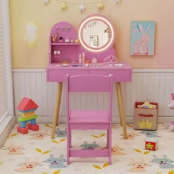 Schminktisch-Set für Kinder mit beleuchtetem Spiegel Kosmetiktisch und Stuhl-Set mit Prinzessinnen-Motiv Rosa