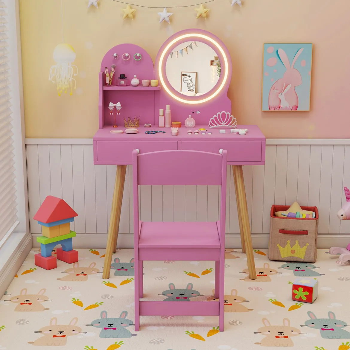Schminktisch-Set für Kinder mit beleuchtetem Spiegel Kosmetiktisch und Stuhl-Set mit Prinzessinnen-Motiv Rosa