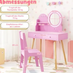 Schminktisch-Set für Kinder mit beleuchtetem Spiegel Kosmetiktisch und Stuhl-Set mit Prinzessinnen-Motiv Rosa