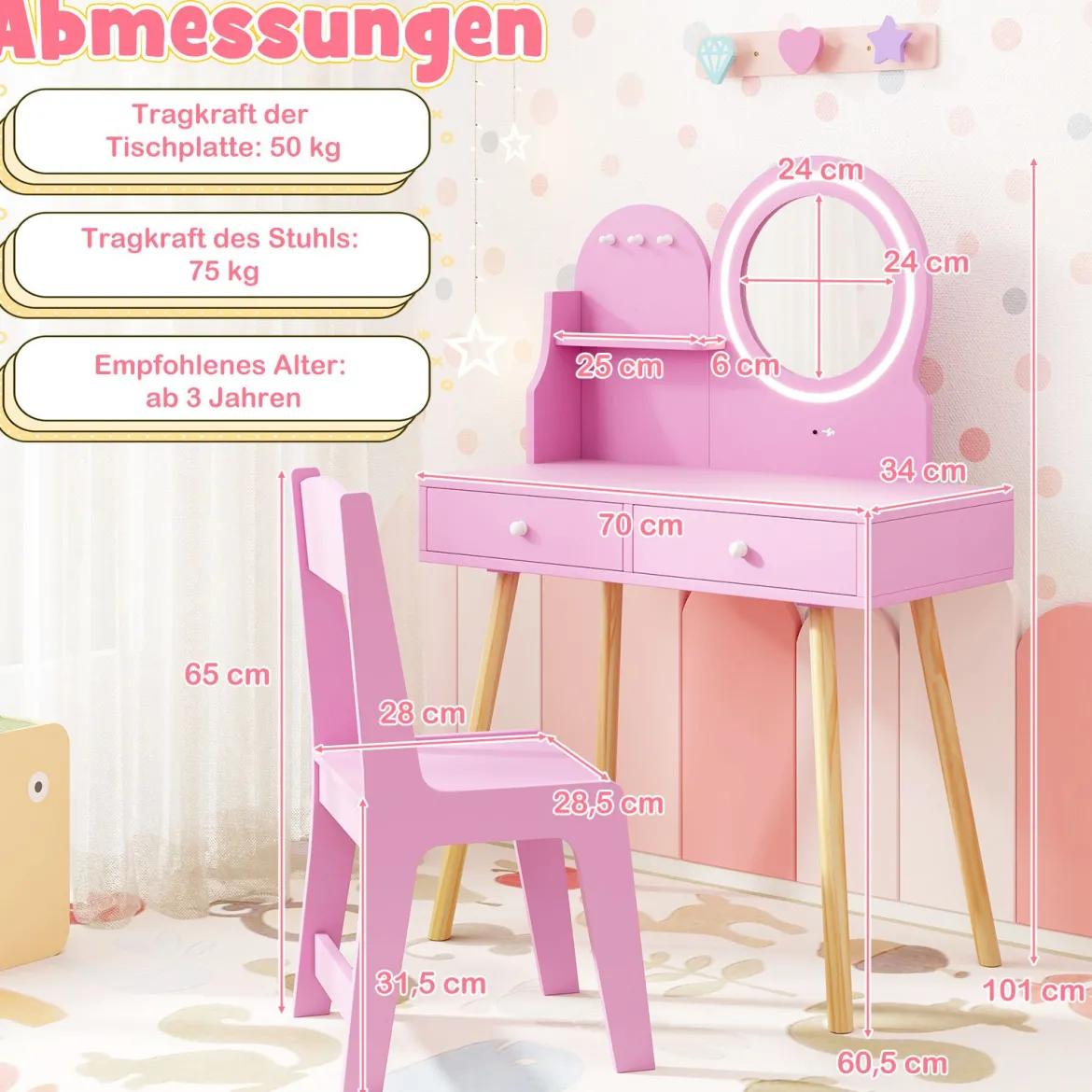 Schminktisch-Set für Kinder mit beleuchtetem Spiegel Kosmetiktisch und Stuhl-Set mit Prinzessinnen-Motiv Rosa