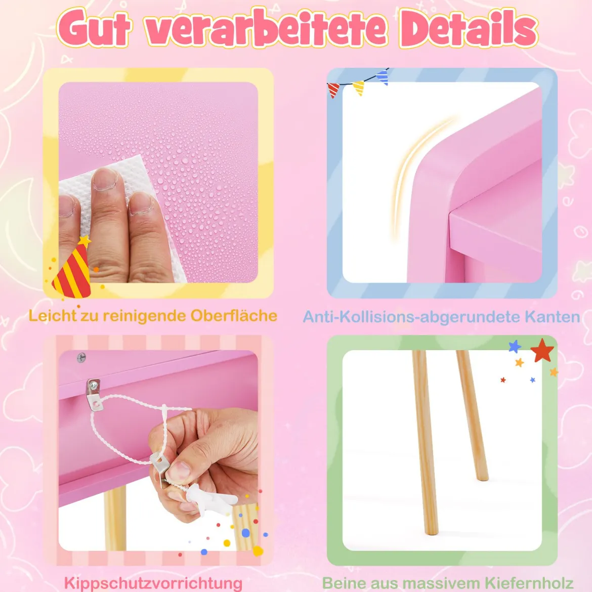 Schminktisch-Set für Kinder mit beleuchtetem Spiegel Kosmetiktisch und Stuhl-Set mit Prinzessinnen-Motiv Rosa