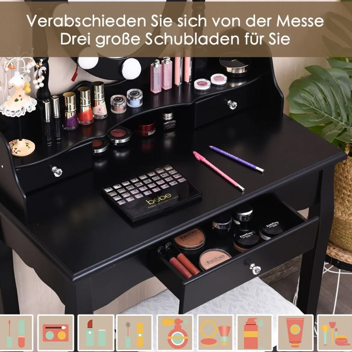 Schminktisch Set mit 360° drehbarem Spiegel Kosmetiktisch Schwarz