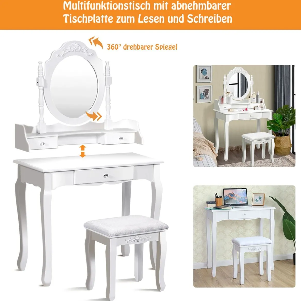 Schminktisch Set mit 360° Drehbarem Ovalspiegel & 3 Schubladen & Gepolstertem Hocker Weiß