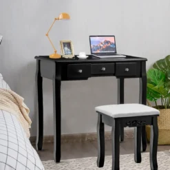 Schminktisch-Set mit 360° drehbarer ovaler Spiegel und Stuhl Kosmetiktisch mit 5 schubladen Schwarz