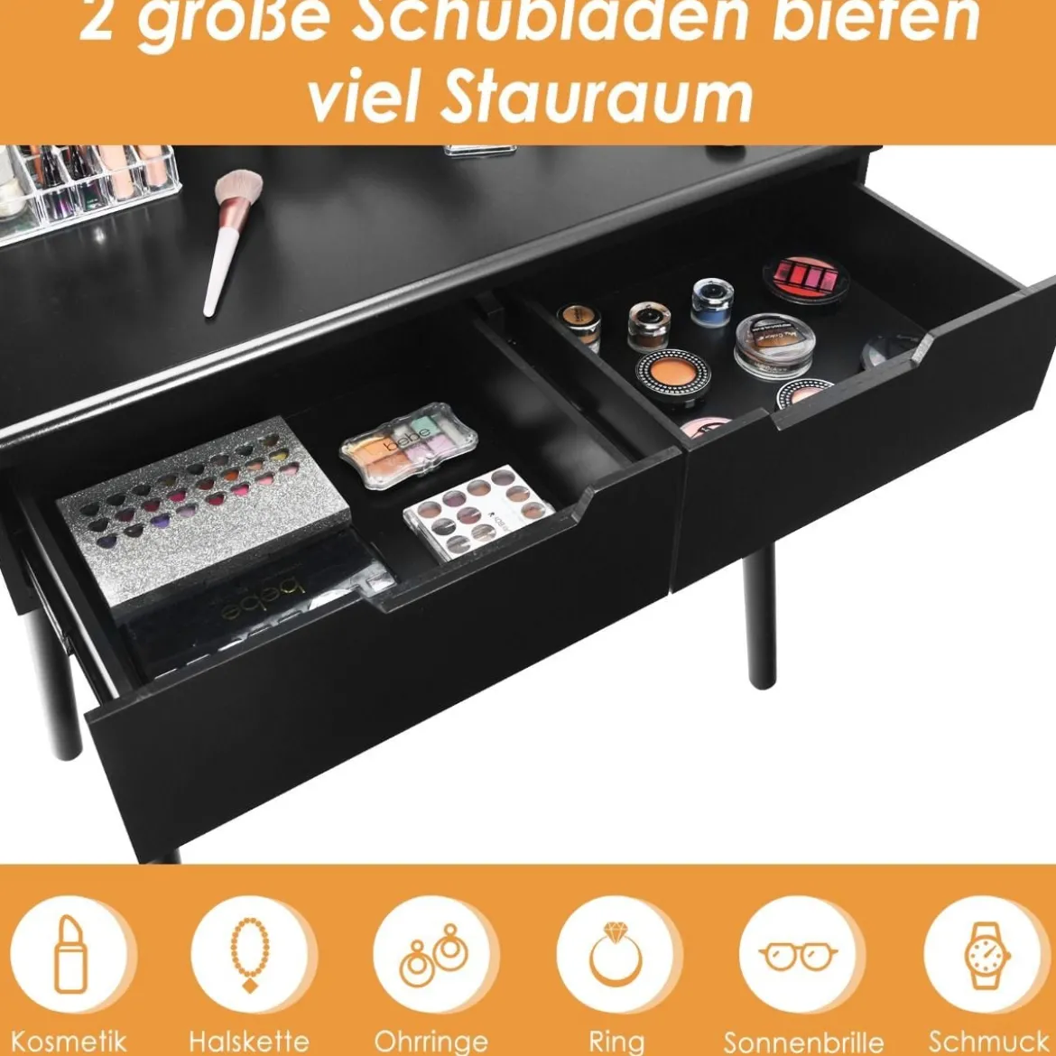 Schminktisch-Set mit gepolstertem Hocker rundem Spiegel Schubladen strapazierfähiger Struktur Schwarz